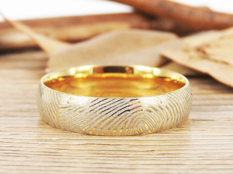 2024 Your Unique Actual Fingerprint Gold Ring Engraved Wedding Rings Flat Shape Polished Titanium Bands - 6mm